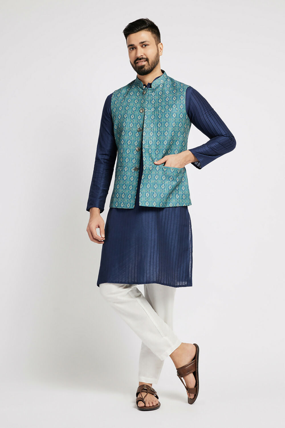 Ethnic India Indigo Blue Bundi Men's Jacket Geometric Polyester | Swadesiicart