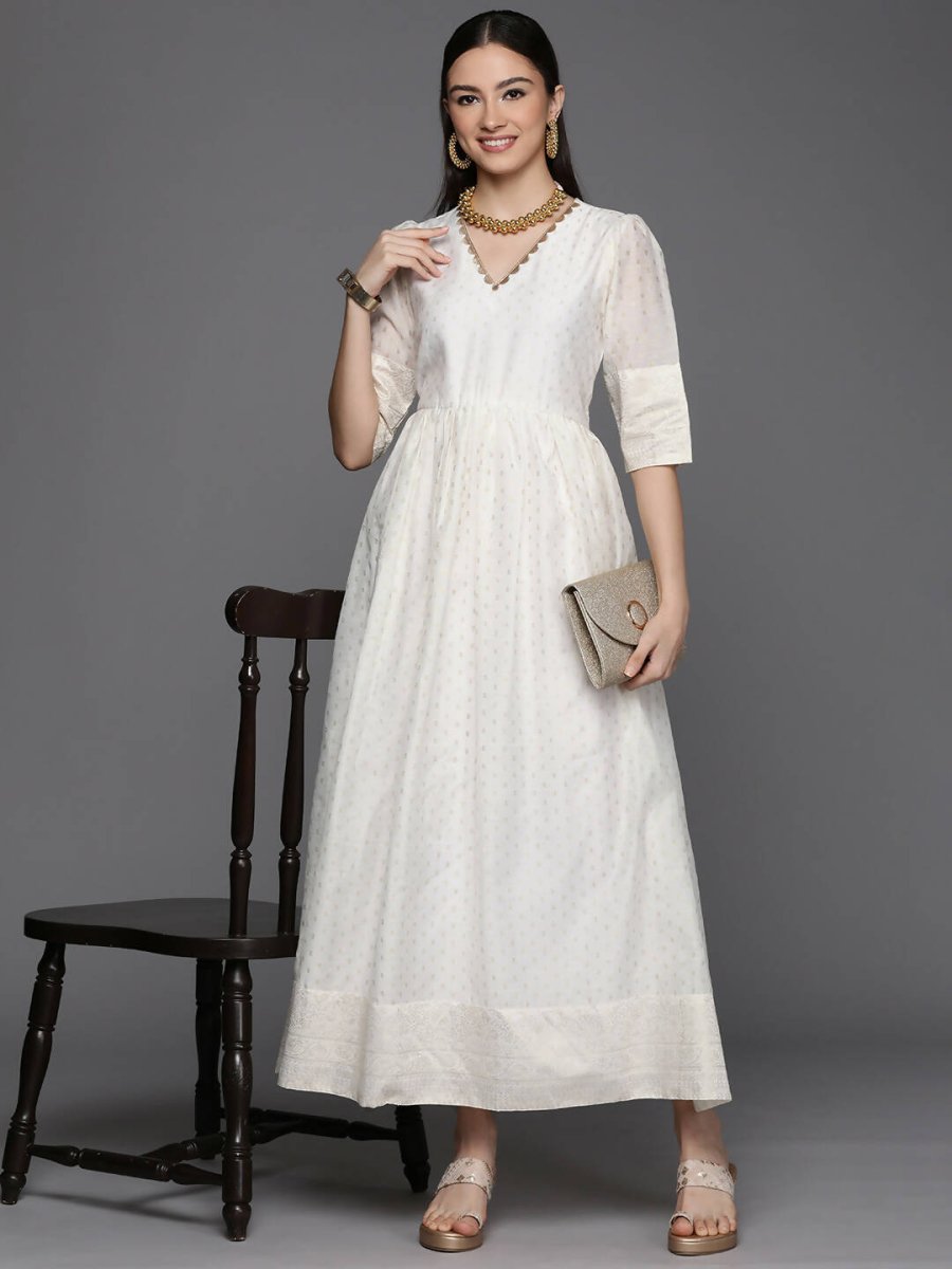 Ahalyaa Women's Off white Chanderi Gold Pasted Dress | Swadesiicart