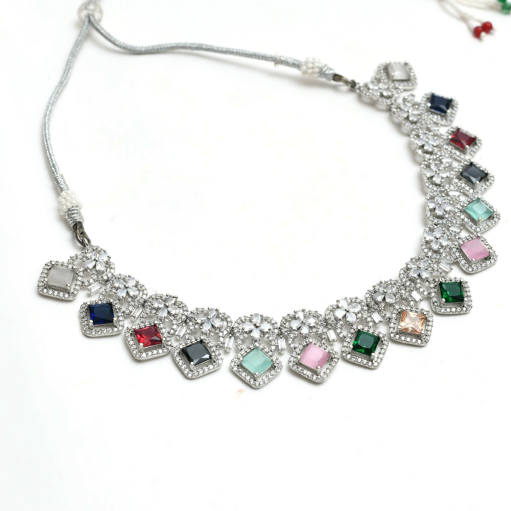 Mominos Fashion Johar Kamal Women Silver-Plated American Diamond Multi Colour Choker Set | Swadesiicart