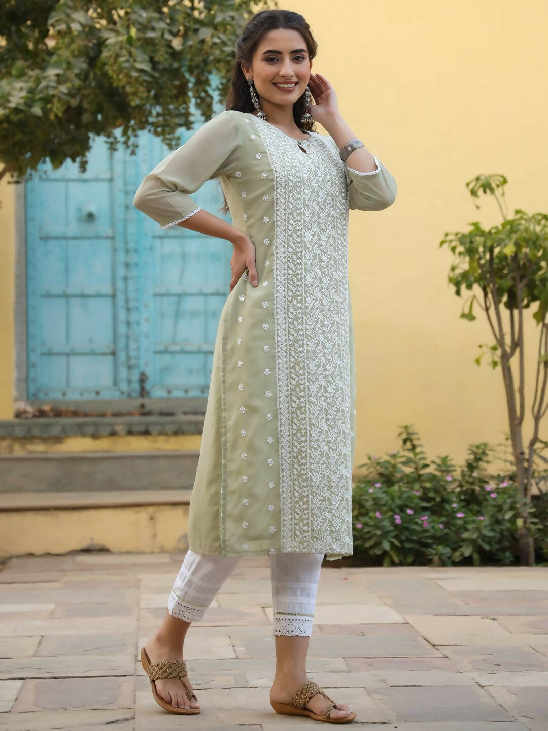 Juniper Women's Ltgreen Georgette Printed Kurta | Swadesiicart