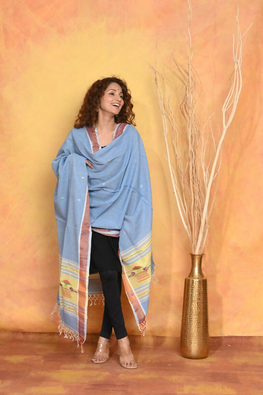 Very Much Indian Handloom Pure Cotton Paithani Dupatta - Powder Blue | Swadesiicart