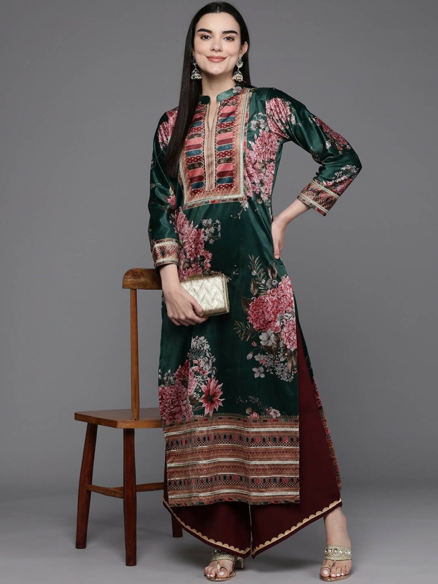 Ahalyaa Women Floral Printed Gotta Patti Velvet Kurta - Green Color | Swadesiicart