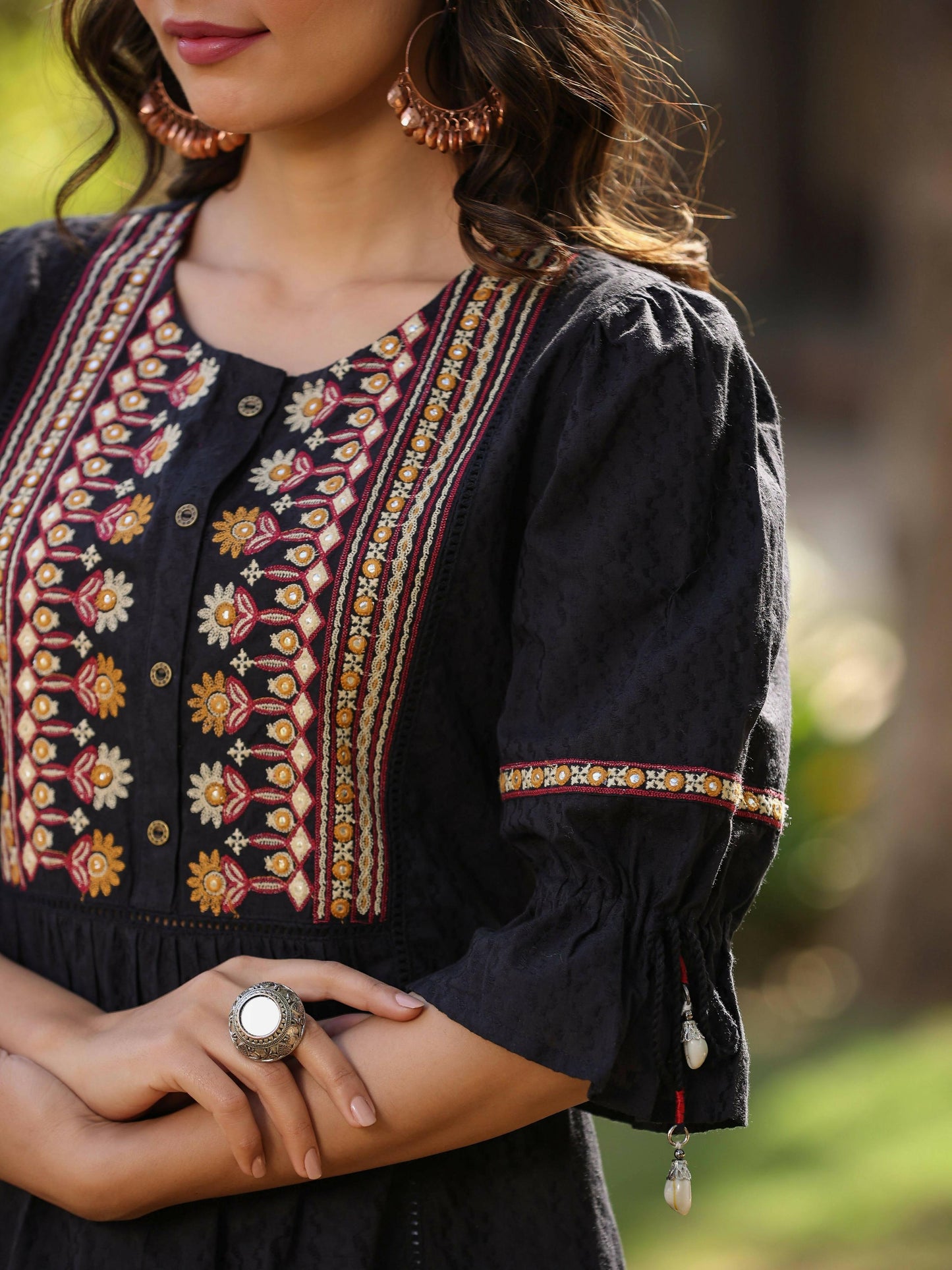 Juniper Women's Black Cotton Solid With Embroidered Straight Tunic | Swadesiicart