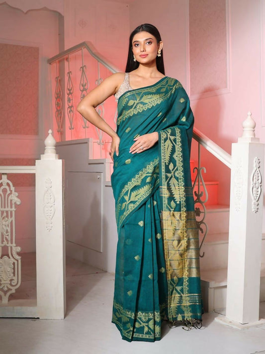 Exclusive Collection Beautiful Green Pure Cotton Woven Handloom Saree With Running Blouse Piece - Swadesiicart