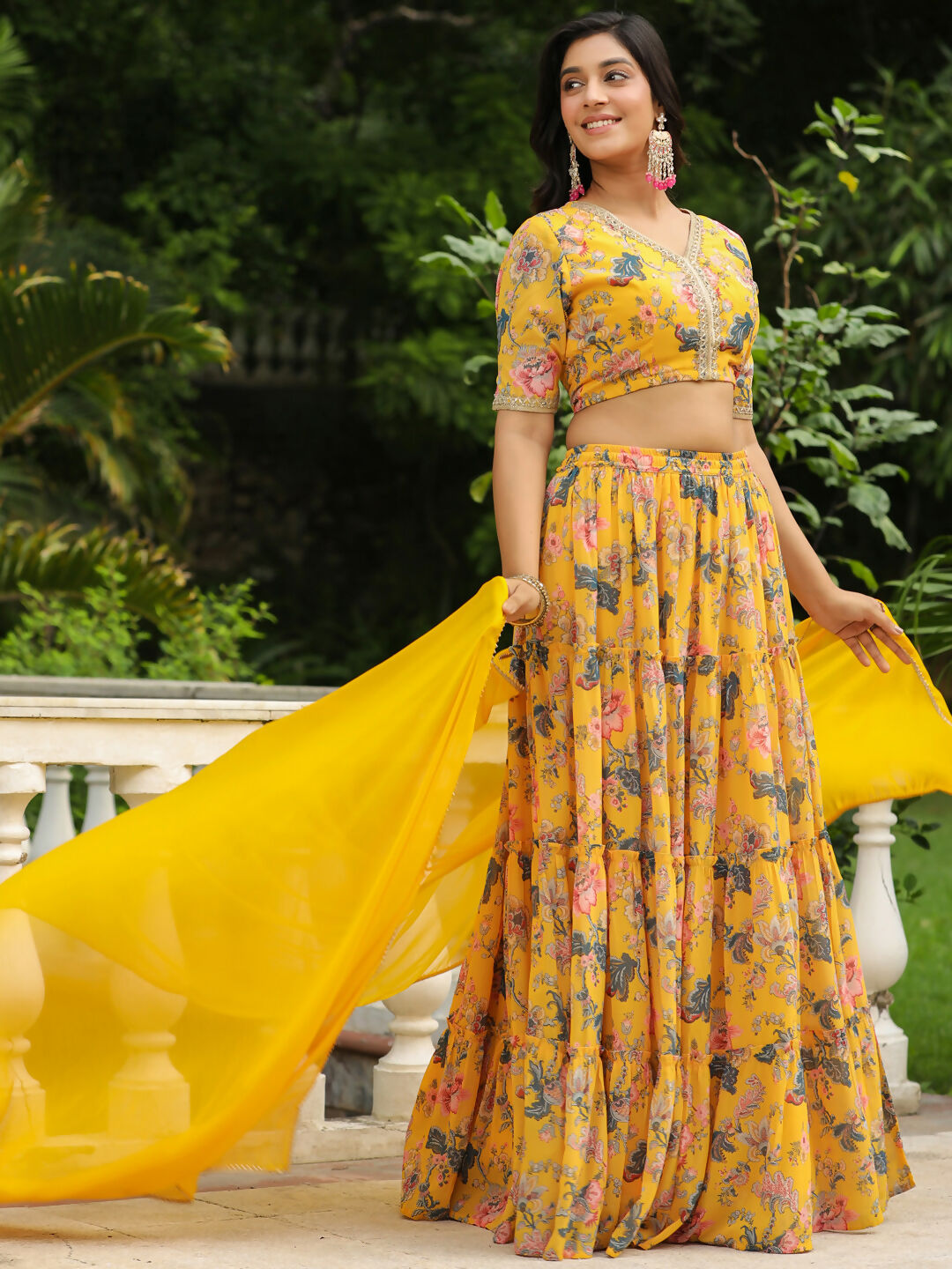 Janasya Yellow Georgette Floral Lehenga Choli Dupatta | Swadesiicart