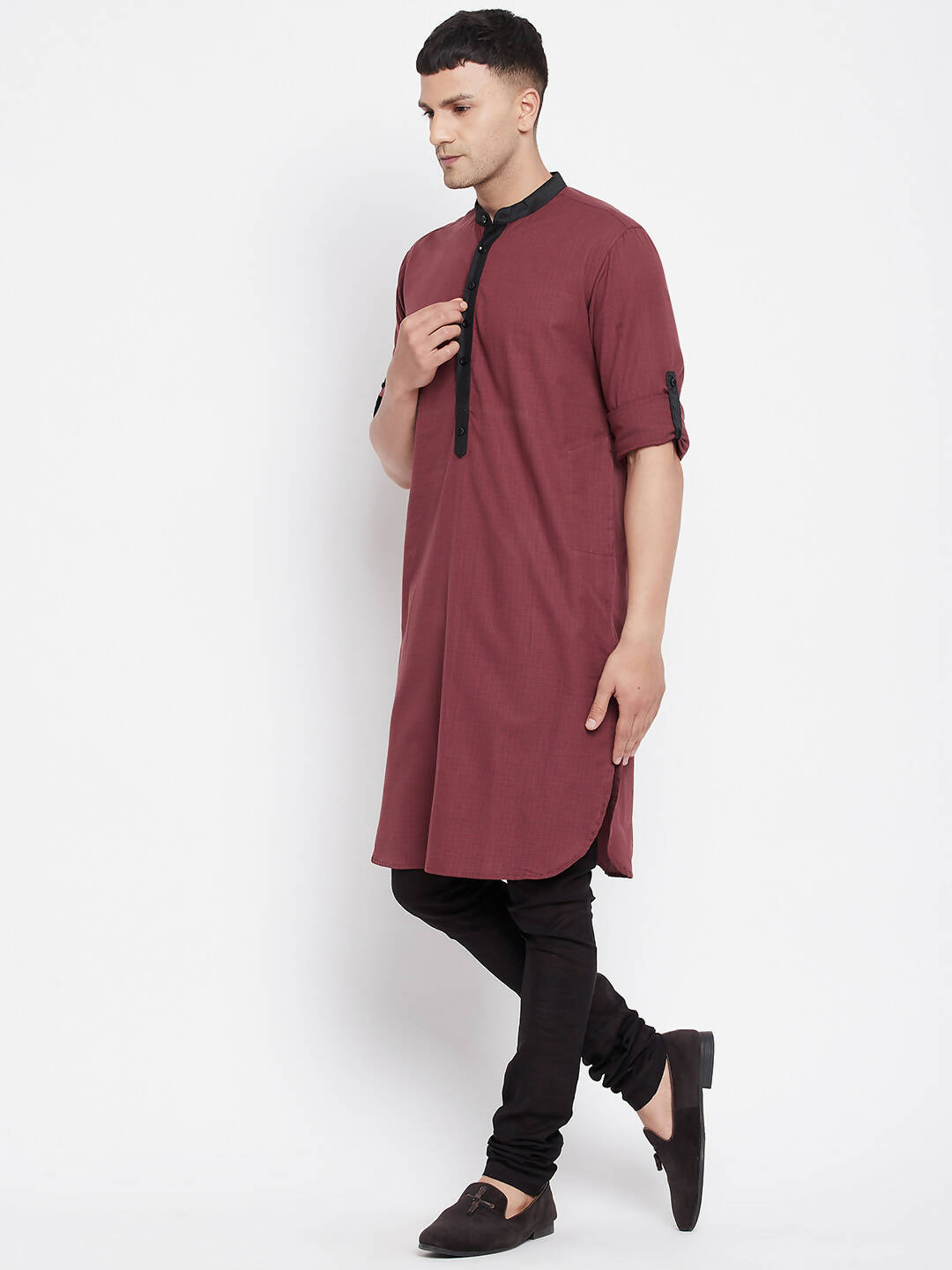 Even Apparels Maroon Pure Cotton Men's Kurta With Contrast Collar And Placket | Swadesiicart