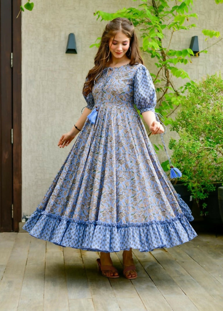 Jyoti Fashion Women's Blue Heavy Digital Printed Cotton Silk Anarkali Dress | Swadesiicart