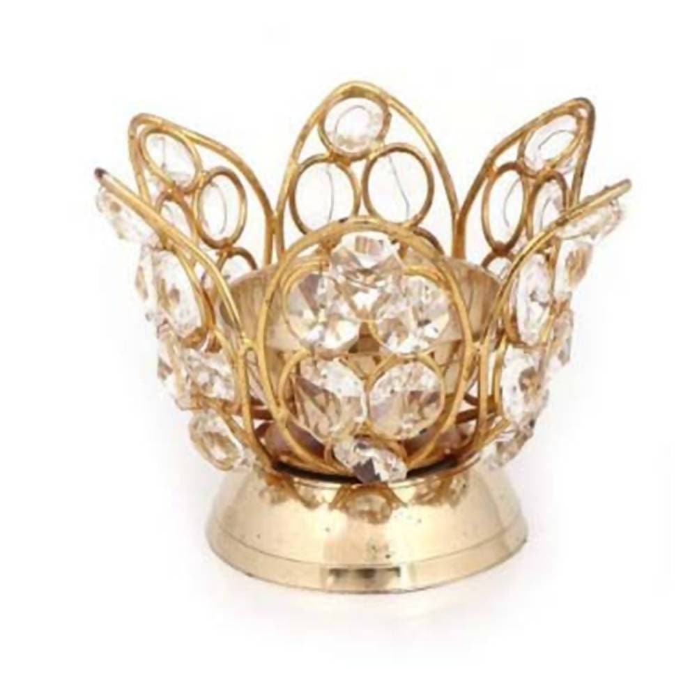 Puja N Pujari Brass Metal Gold-Polished Handcrafted Crystal Diya | Swadesiicart