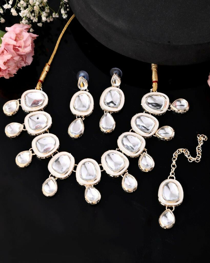 VOJ Kundan Studded Silver Plated White Color Jewellery Set with MaangTikka - Swadesiicart