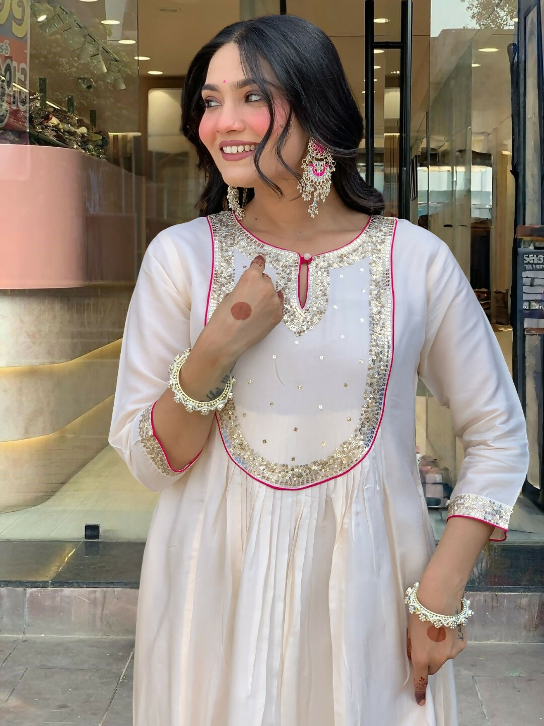 The52 White Women's Gorgeous Embroidered Work Chanderi Fabric Flared Kurta Pant and Dupatta Set - Swadesiicart