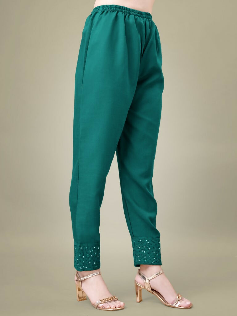 Jyoti Fashion Women's Teal Cotton Blend Embroidery & Sequence work Kurta with Trouser & Dupatta | Swadesiicart