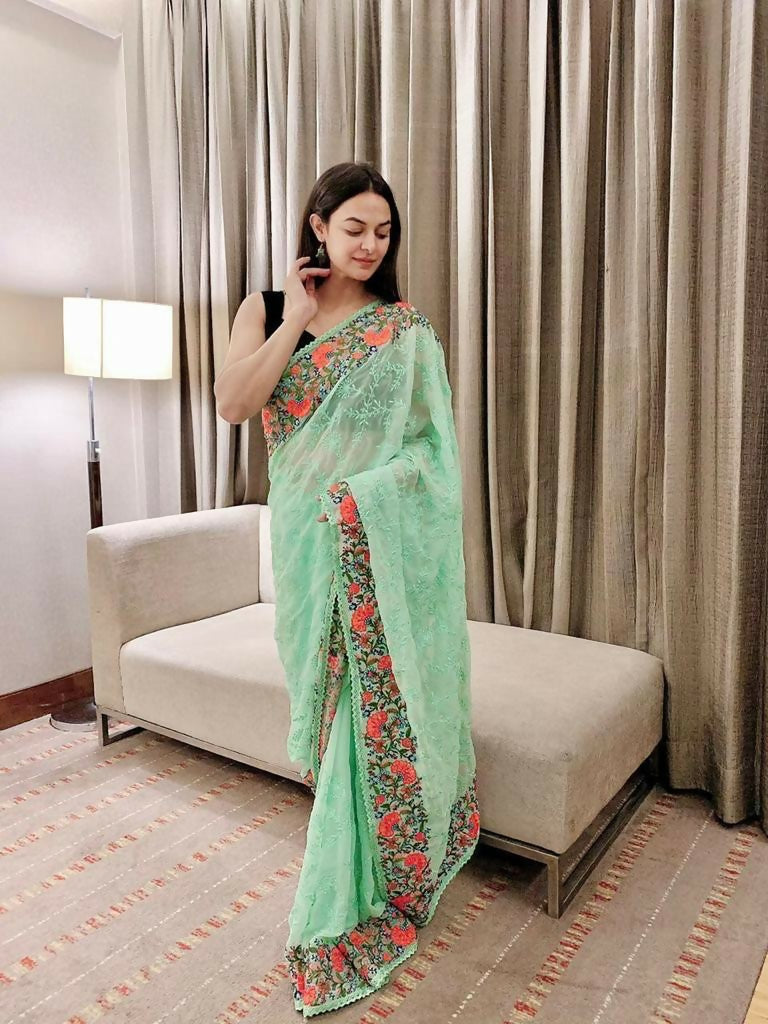 Vamsee Sandhya Sea Green Georgette Saree - Swadesiicart