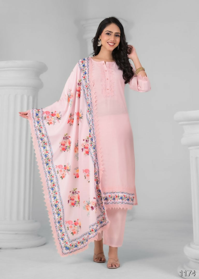 Ethnic Festive Wear Chanderi Viscose Light Peach Stitched Suit With Dupatta - Tanisha | Swadesiicart