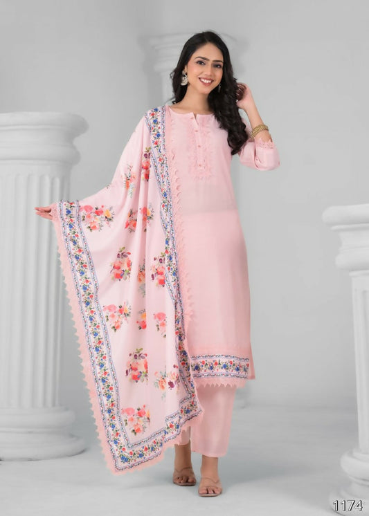 Ethnic Festive Wear Chanderi Viscose Light Peach Stitched Suit With Dupatta - Tanisha | Swadesiicart