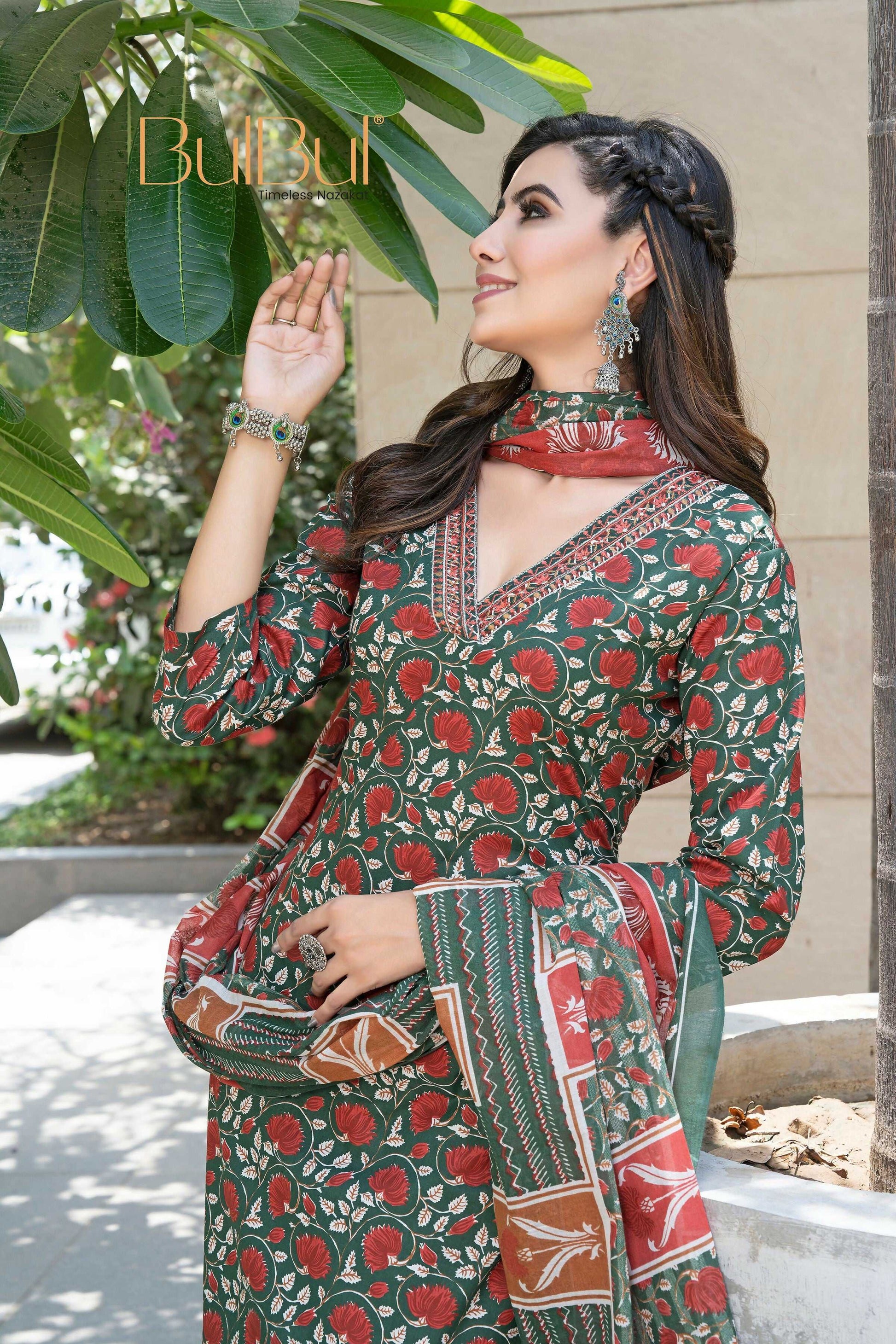 BulBul Fashionista Green Cotton Kurta Set with Dupatta - Swadesiicart