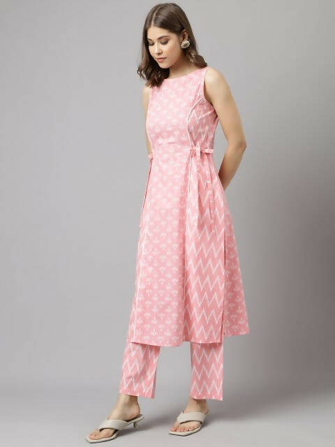 FIORRA Women's Baby Pink Cotton A-Line Kurta Set - Swadesiicart