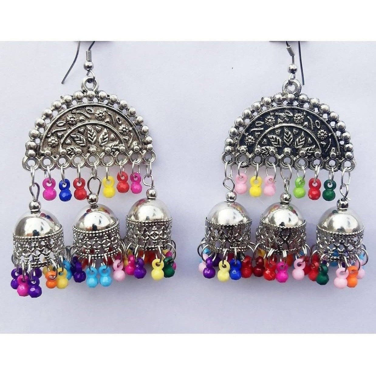 MS Fashion India Half Moon Triple Jhumka Multi Color Pearls Fancy Earrings | Swadesiicart