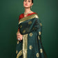 Vishnu Weaves Women's Bottle Green Tussar Silk Zari Woven Saree with Blouse - Swadesiicart