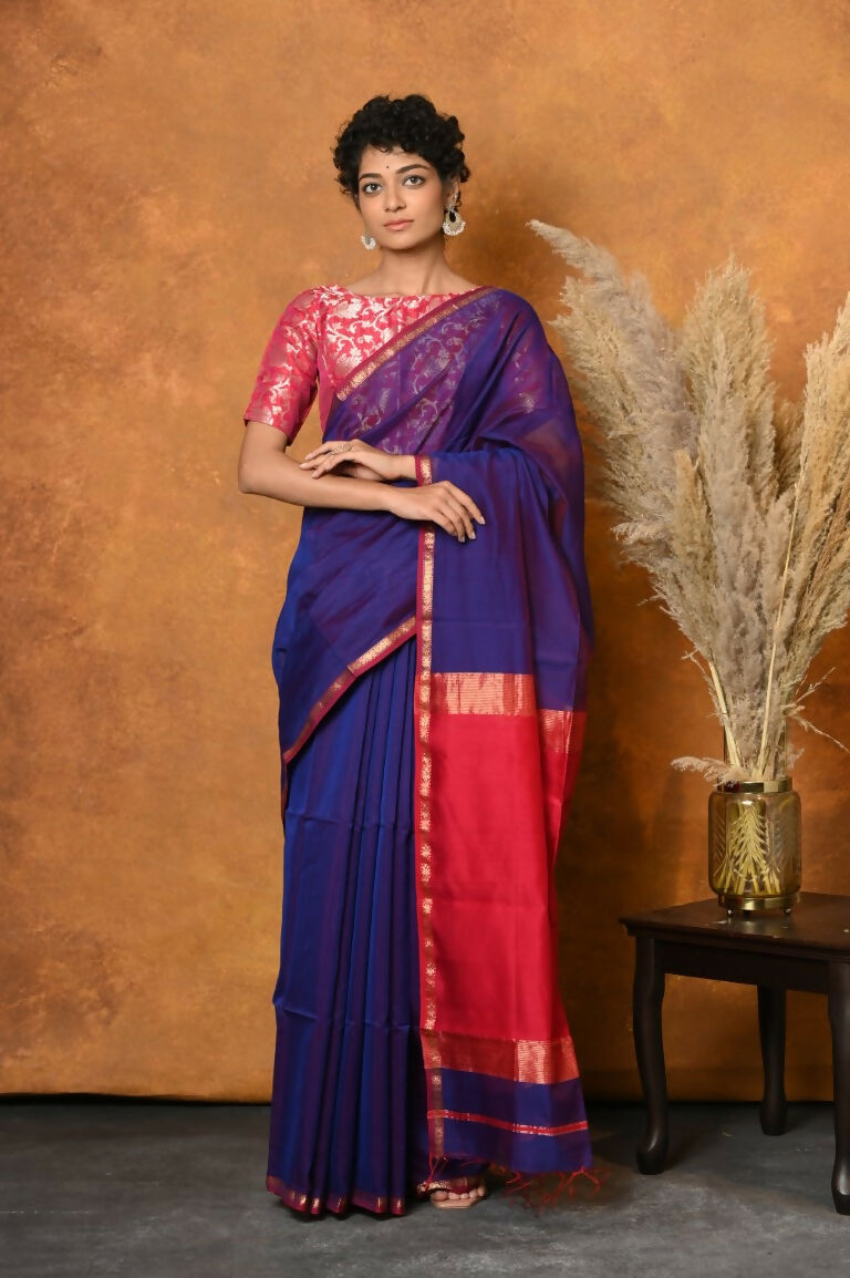 Very Much Indian Handloom Pure Cotton Silk Saree With Sleek Golden Border - Indigo Blue | Swadesiicart