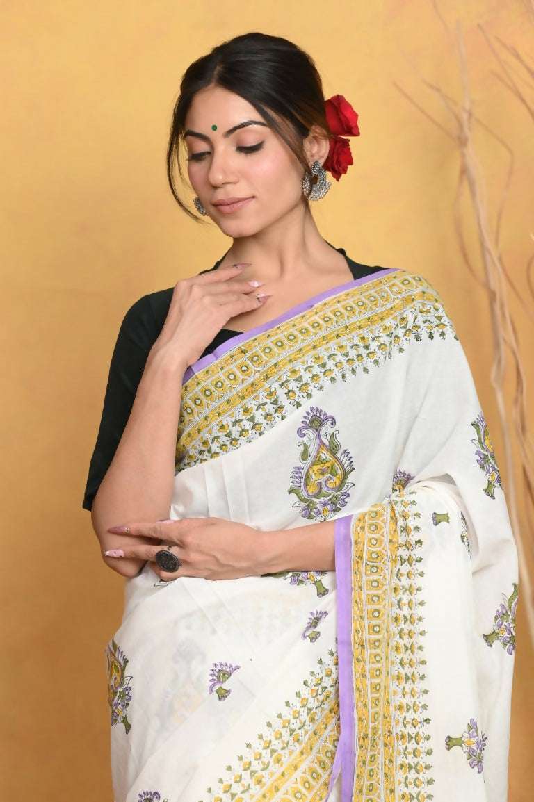 Very Much Indian Handblock Printed Cotton Saree With Natural Dyes - White | Swadesiicart
