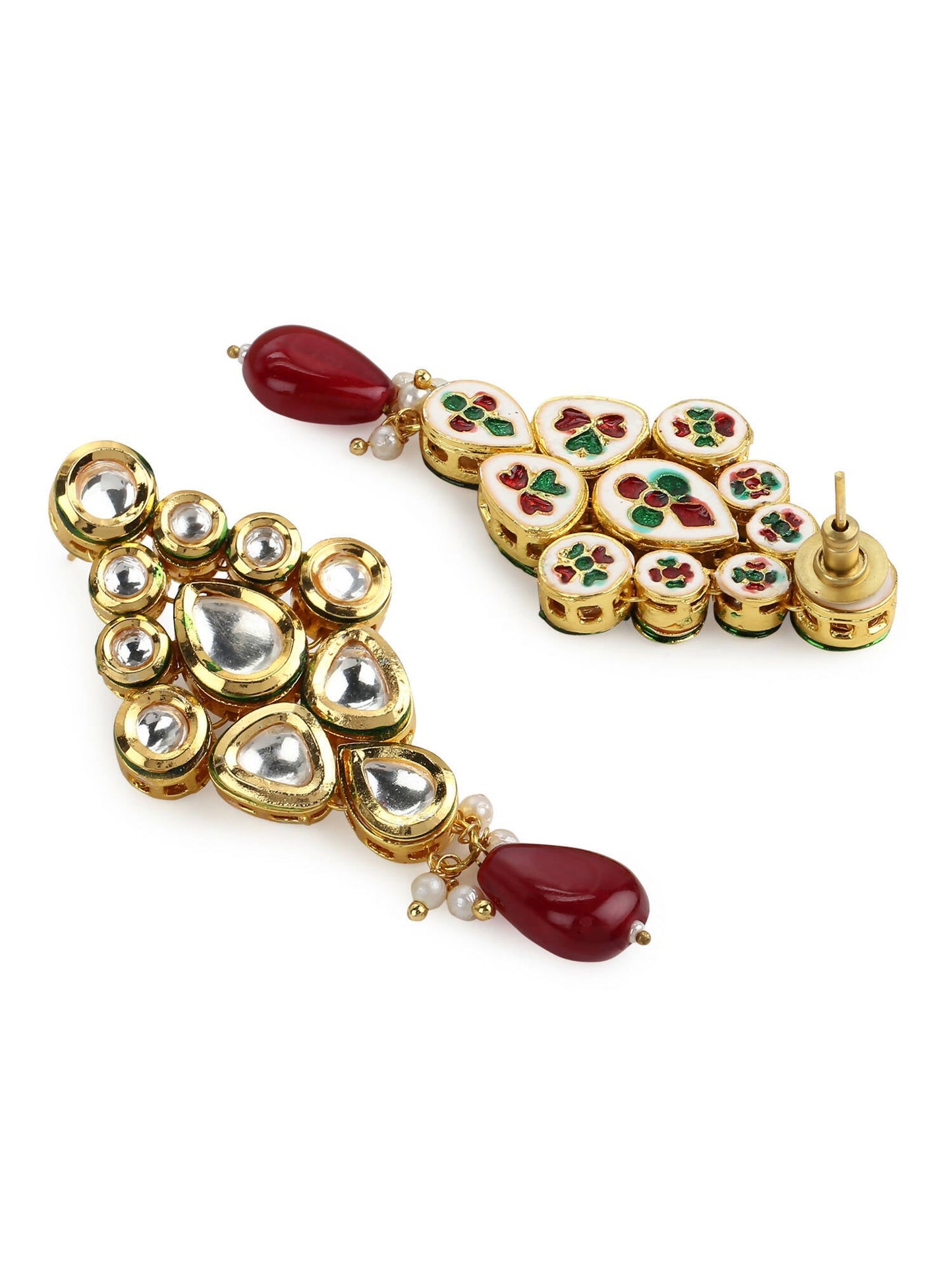 Gold-Polished White Maroon Kundan Studded Beaded Handcrafted Jewellery Set - Ruby Raang - Swadesiicart