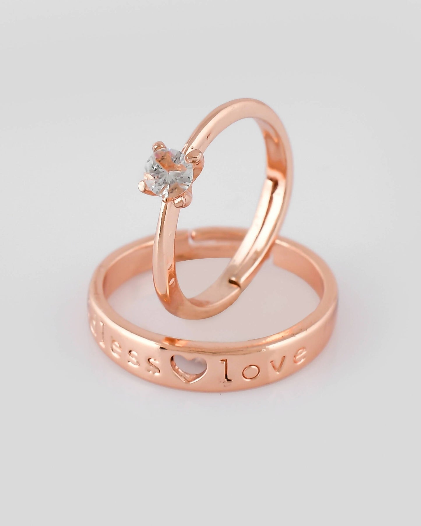VOJ Stainless Steel Cubic Zirconia Gold-Polished Adjustable Couple Ring Set | Swadesiicart