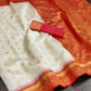DEIANA'S Beautiful Designer Golden zari Soft Lichi Silk Saree - White - Swadesiicart