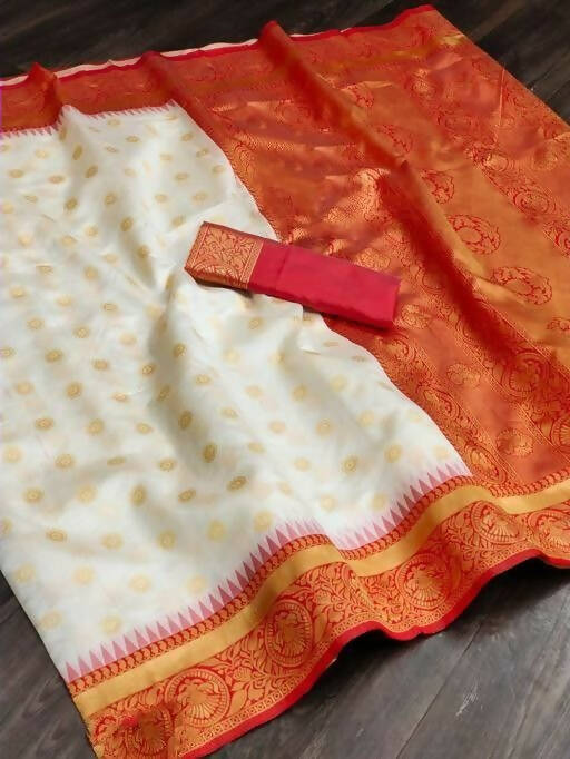 DEIANA'S Beautiful Designer Golden zari Soft Lichi Silk Saree - White - Swadesiicart