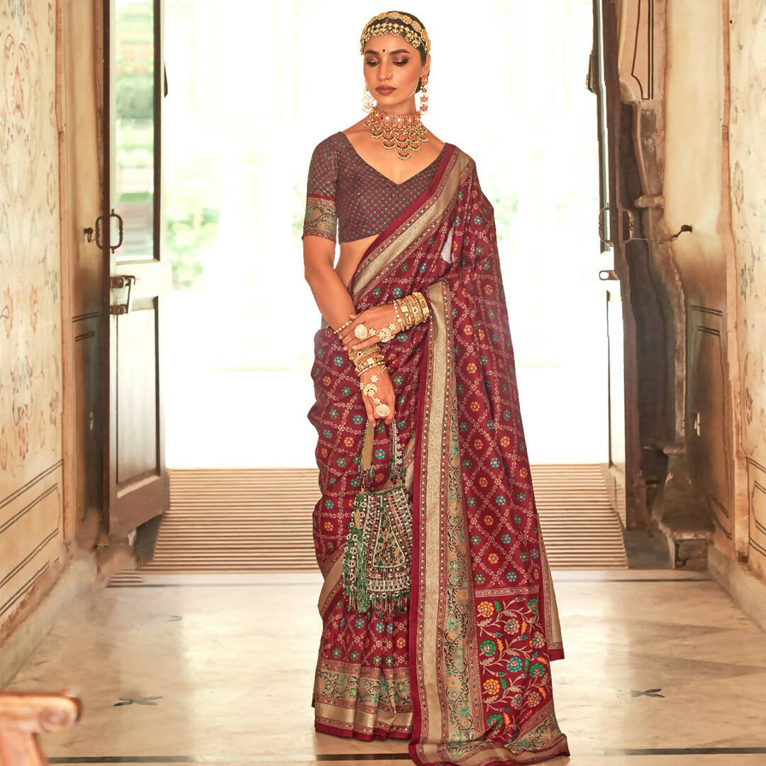 Maroon Silk With Banarasi Print Work Saree - Trirath Yamuna | Swadesiicart