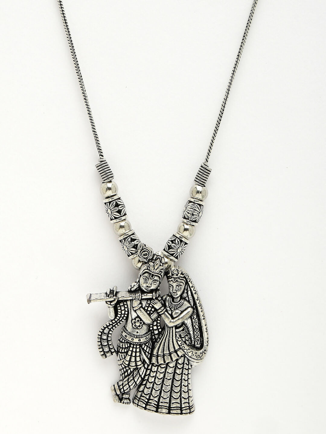 NVR Women's Silver-Toned Radha Krishna Pendant with Chain | Swadesiicart