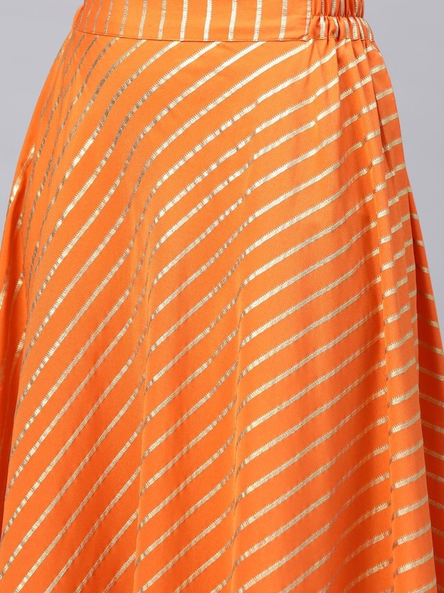Ahalyaa Women's Orange Crepe Gold Print Top Skirt With Printed Jacket | Swadesiicart