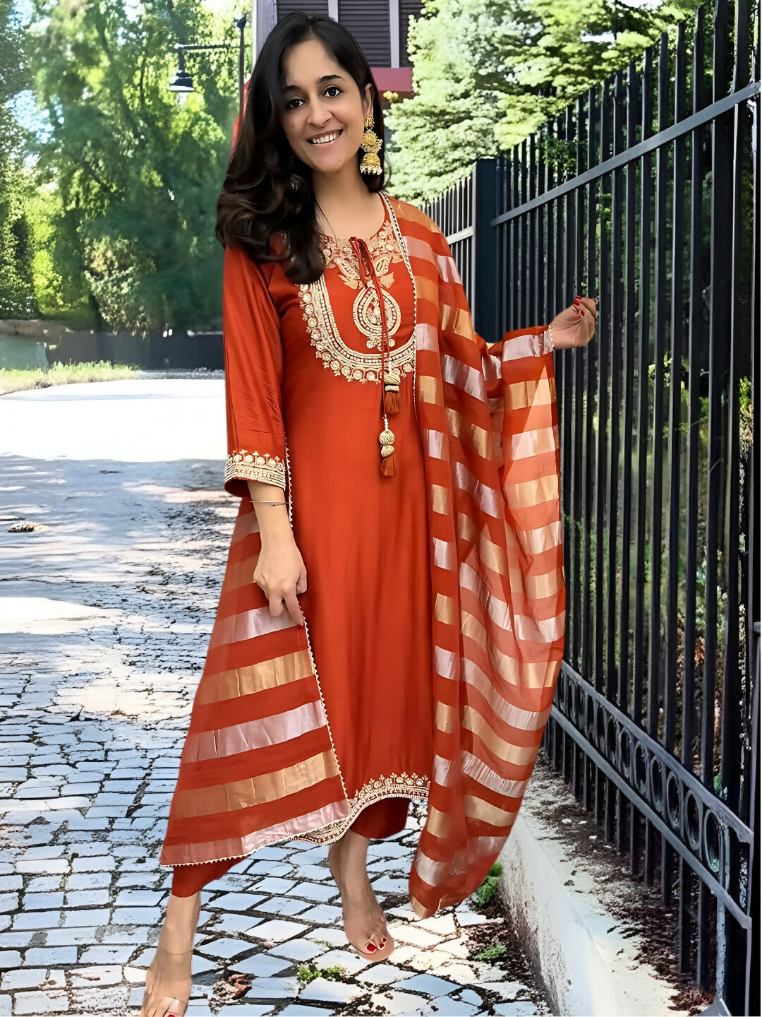 The52 Orange Women's Gorgeous Embroidered work Chanderi Fabric Straight Kurta, Pant and Dupatta Set - Swadesiicart