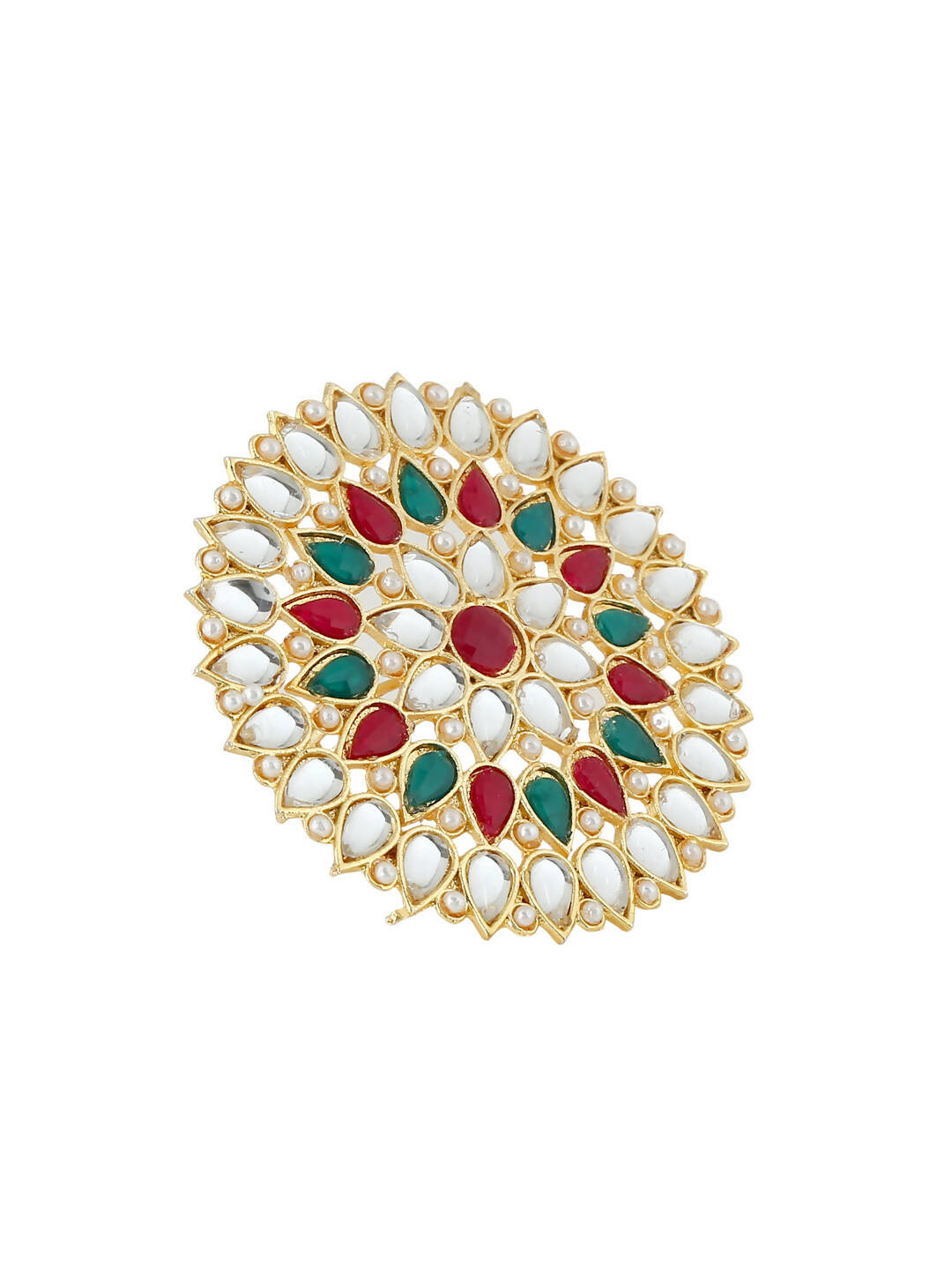 NVR Women's Traditional Ethnic Kundan Meenakari Gold-Polished Ajustable Finger Ring | Swadesiicart