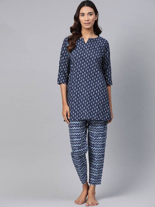 Anubhutee Blue Pure Cotton Printed Night suit | Swadesiicart