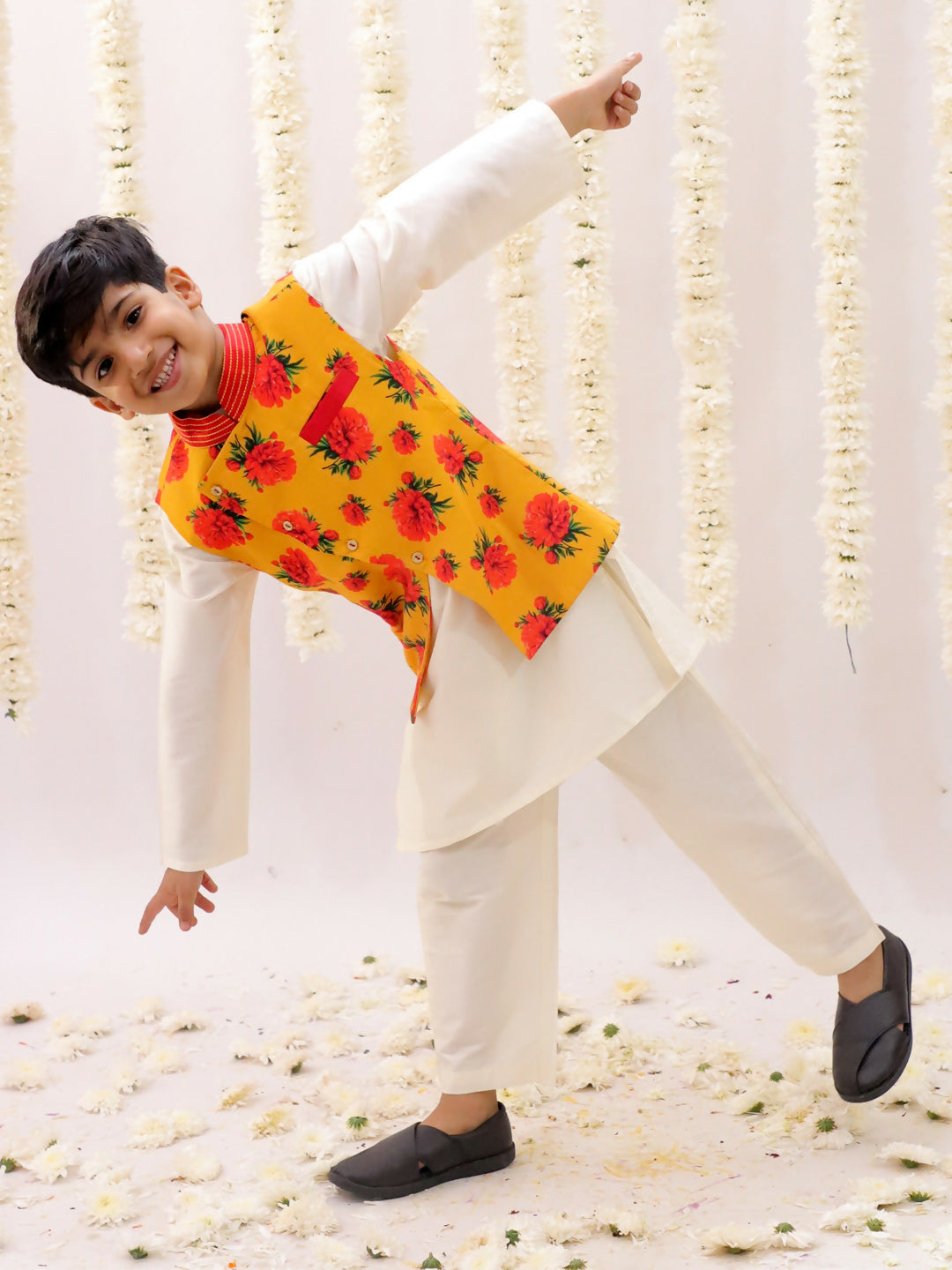 Lil Drama Genda Phool White Kurta and Pant with Mustard Jacket Set for Boys | Swadesiicart