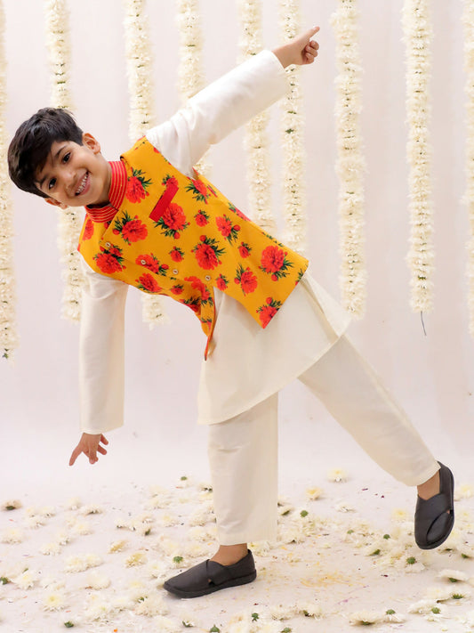 Lil Drama Genda Phool White Kurta and Pant with Mustard Jacket Set for Boys | Swadesiicart