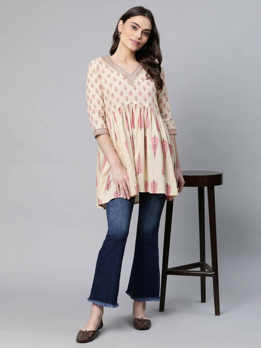 Ahalyaa Women Beautiful Beige Pure Cotton Printed Tunic | Swadesiicart