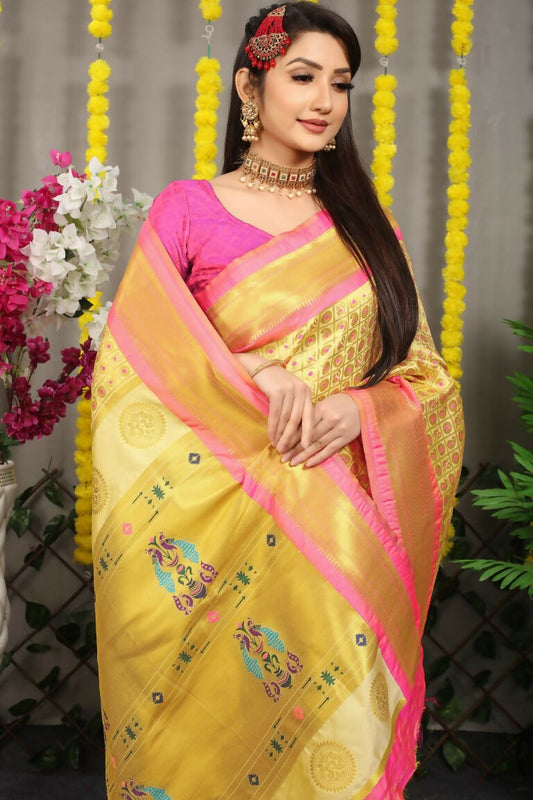 Jyoti Fashion Women's Cream Banarasi Silk Zari Woven Saree with Blouse | Swadesiicart