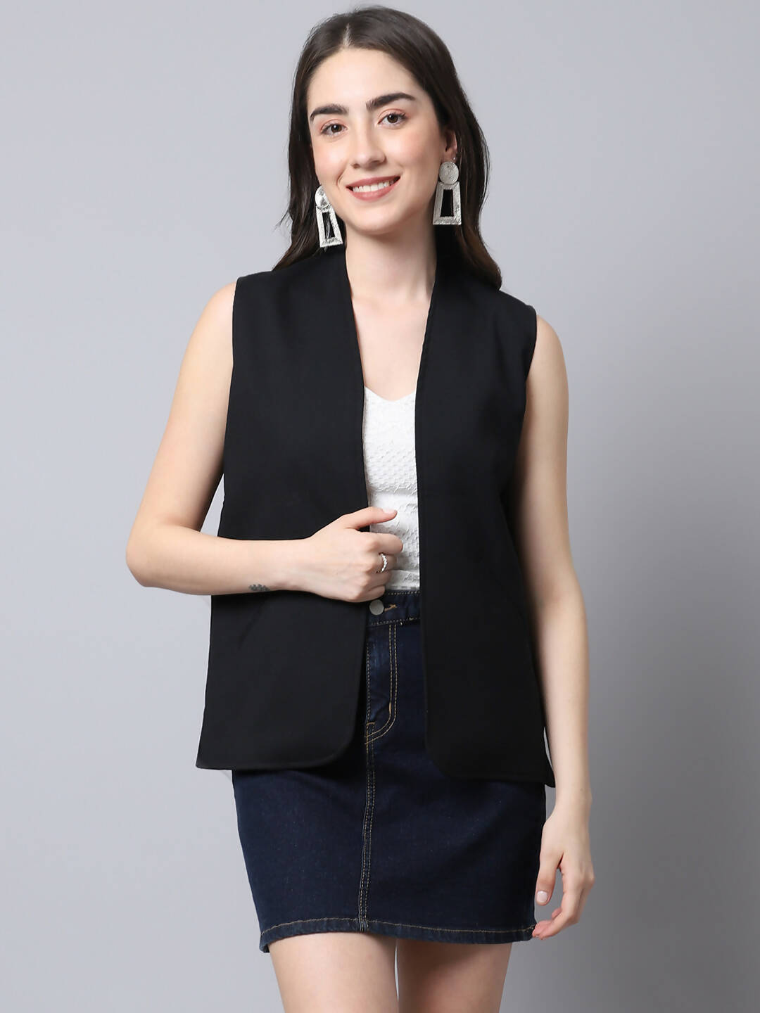 Even Apparels Black Linen Cotton Open Front Women's Waistcoat | Swadesiicart