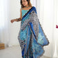 Blue Chinon Designer Digital Printed,Mirror Cut Work Saree - Manvika