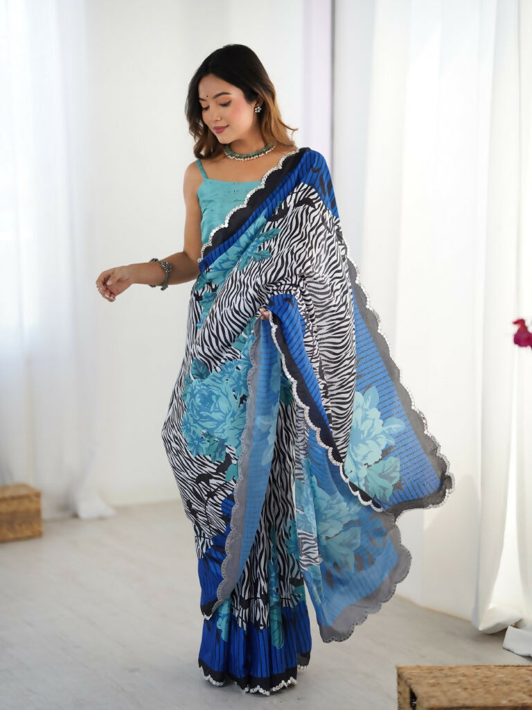 Blue Chinon Designer Digital Printed,Mirror Cut Work Saree - Manvika