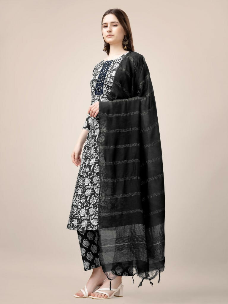 Jyoti Fashion Women's Black Rayon Print with Embroidery & Fancy Lace Work Kurta with Trouser & Dupatta | Swadesiicart