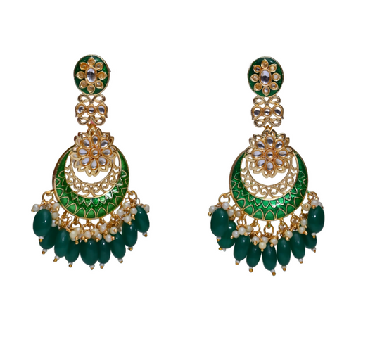 Gold-Polished Kundan & Pearl Dangle Women Green Meenakari Chandbali Earrings By House of Ree - House of Ree