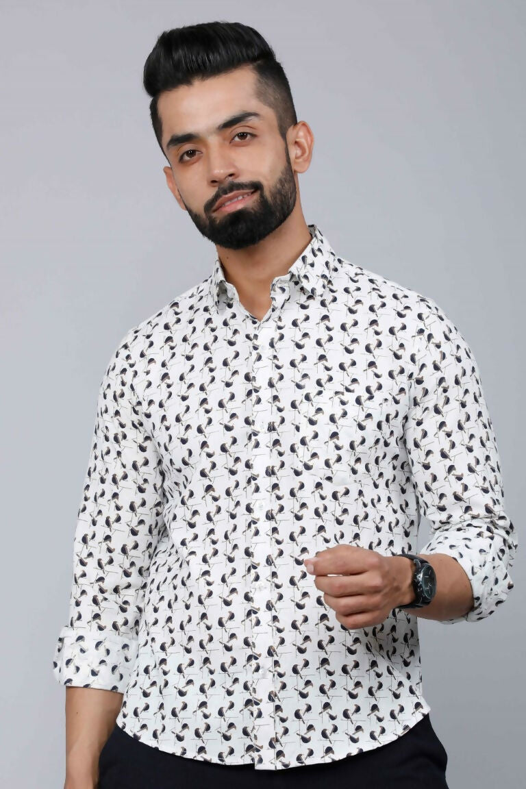 Miravan Men's White Spread Collar Bird Print Casual Shirt | Swadesiicart