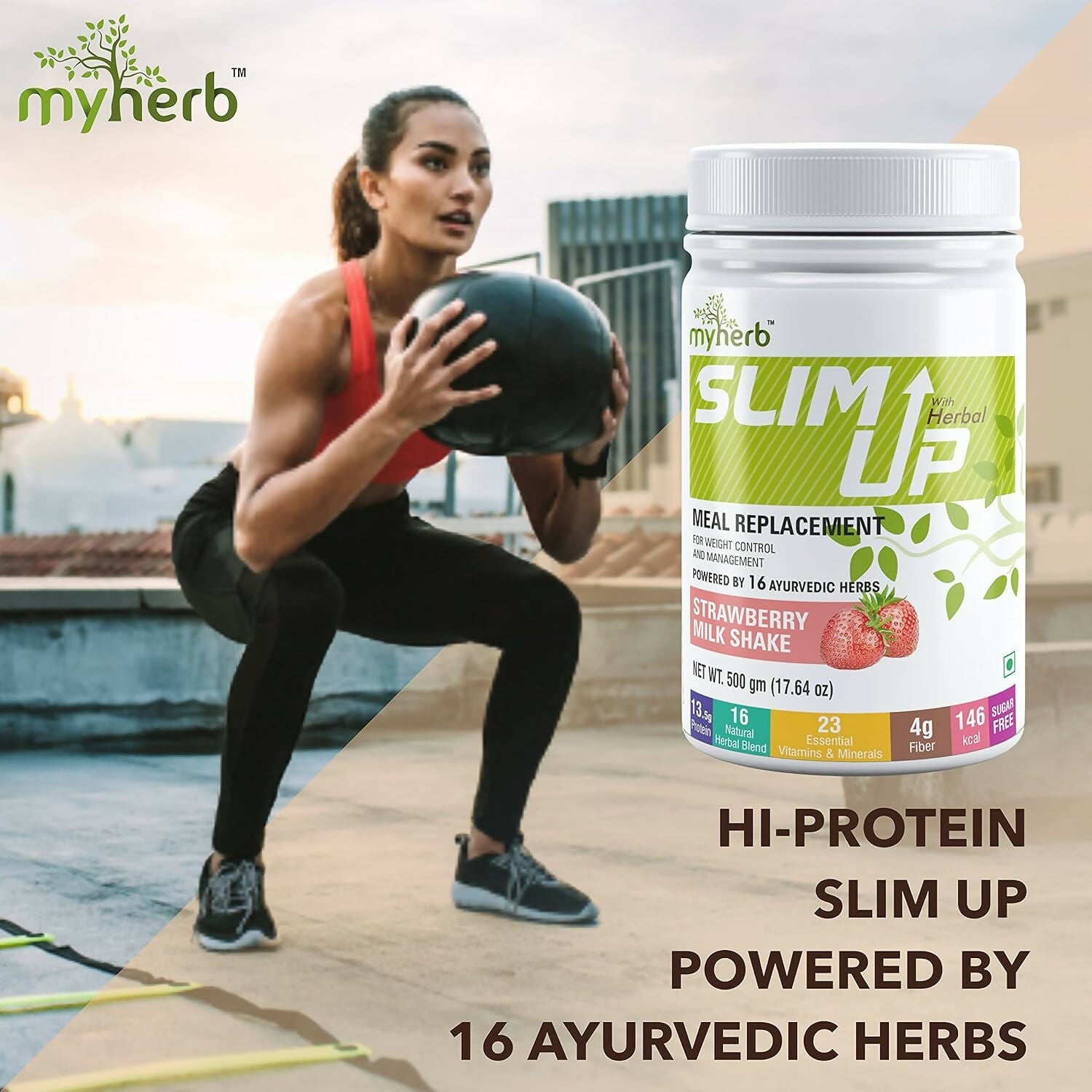 Myherb Slim Up Meal Replacement Shake With 16 Natural Herbal Blend For Men & Women - Strawberry Milk Shake - Swadesiicart