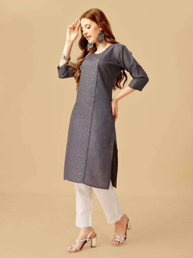 Jyoti Fashion Women's Grey Cotton Blend Embroidered Kurta Pant Set | Swadesiicart