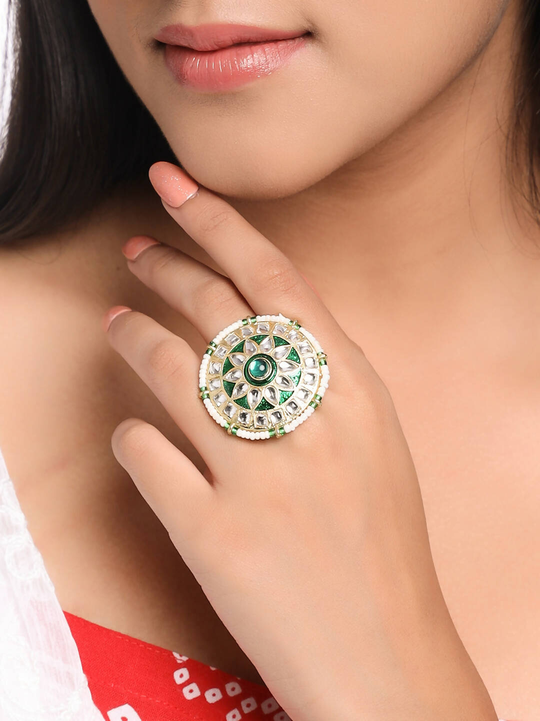NVR Women's Traditional Kundan Meenakari Gold-Polished Ajustable Finger Ring | Swadesiicart