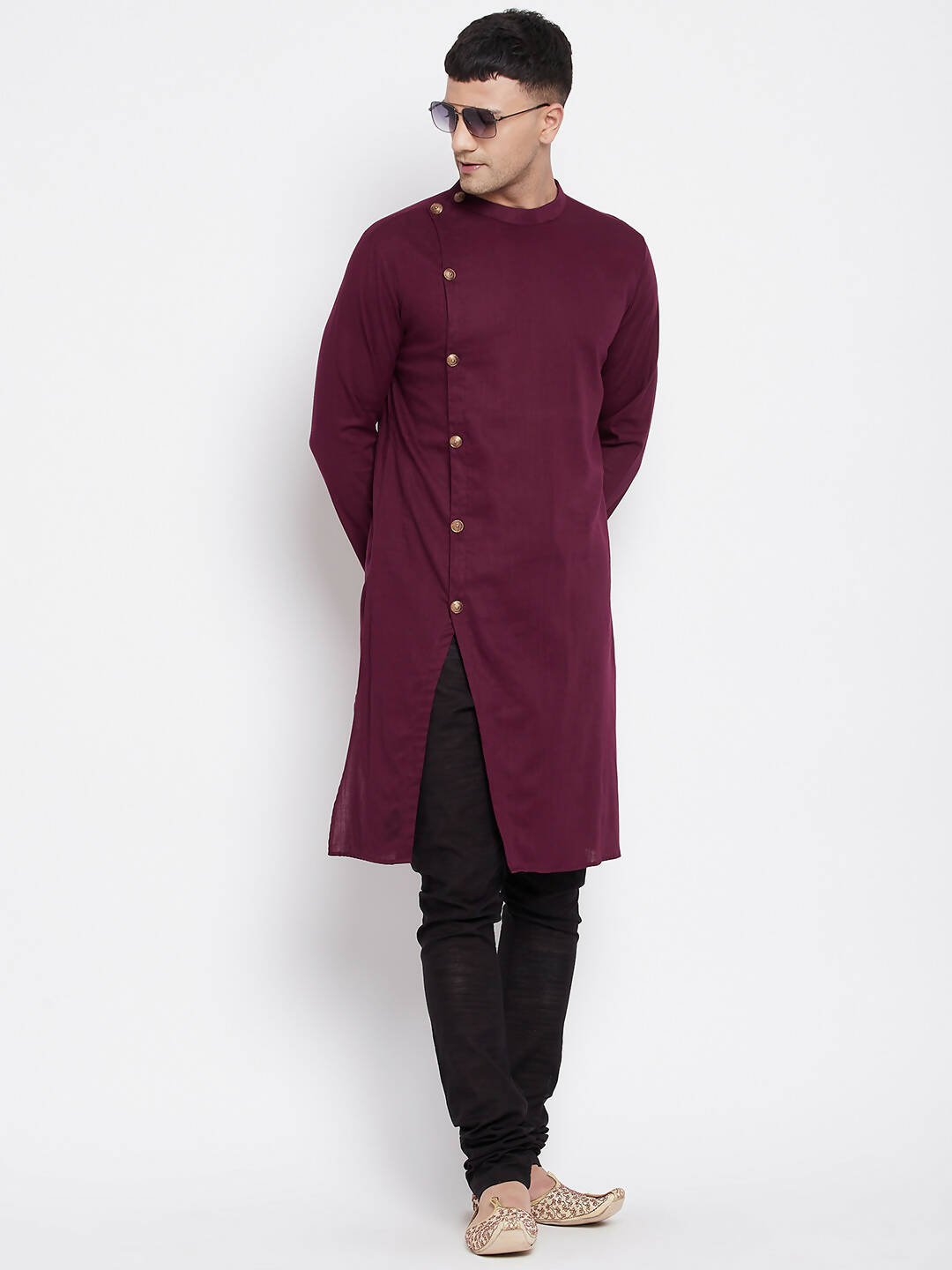Even Apparels Maroon Pure Cotton Men's Sherwani Kurta With Asymetrical Cut | Swadesiicart
