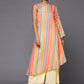 Ahalyaa Peach-Coloured & Blue Printed Striped Asymmetric Taselled Kaftan Kurta Palazzos | Swadesiicart