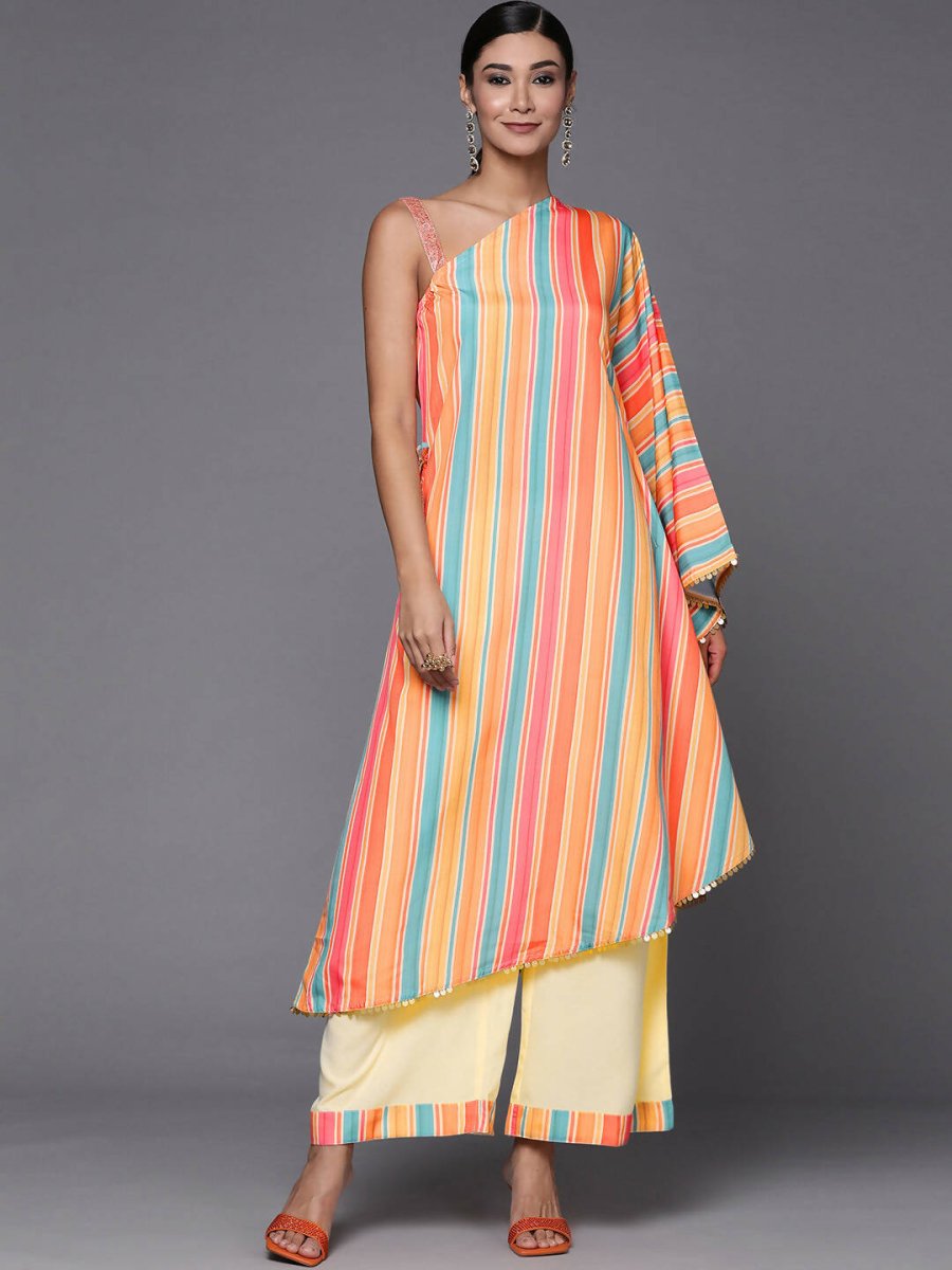Ahalyaa Peach-Coloured & Blue Printed Striped Asymmetric Taselled Kaftan Kurta Palazzos | Swadesiicart